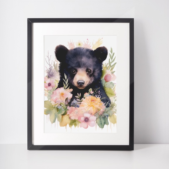 Watercolor Floral Black Bear Portrait Wall Art Illustration Print Unframed - Picture 3 of 5